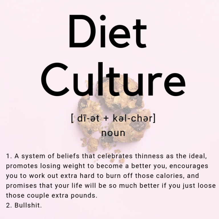 Pink graphic with the definition of Diet Culture